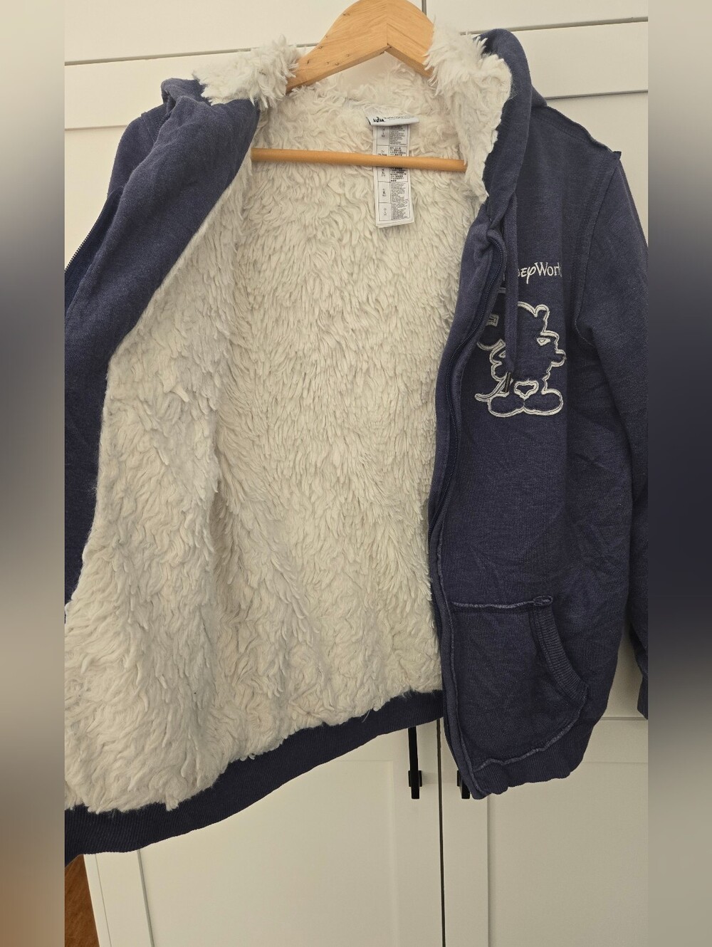 Disney World 71 Mickey Mouse Sherpa Lined Hoodie Raw Edge Blue Zip Jacket Large
